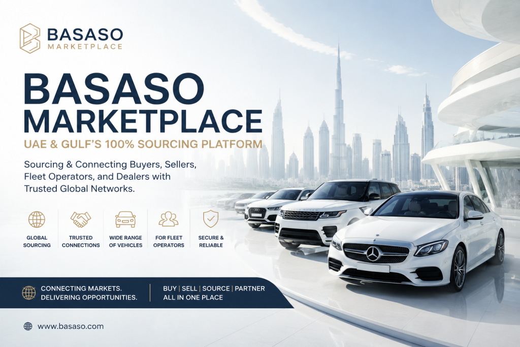 Luxury automotive marketplace banner showing BASASO Marketplace UAE platform connecting buyers, sellers, and fleet operators across vehicle sourcing and international trade networks