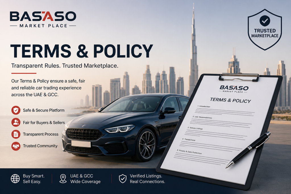 BASASO marketplace Terms & Policy banner for Basaso Market Place showing a premium car, Dubai skyline, and compliance document highlighting trust, transparency, and verified vehicle trading across UAE and GCC.